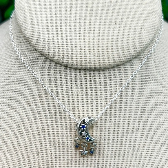 NWOT Sterling silver crescent moon w dangling stars charm pendant necklace 18” - Picture 4 of 8